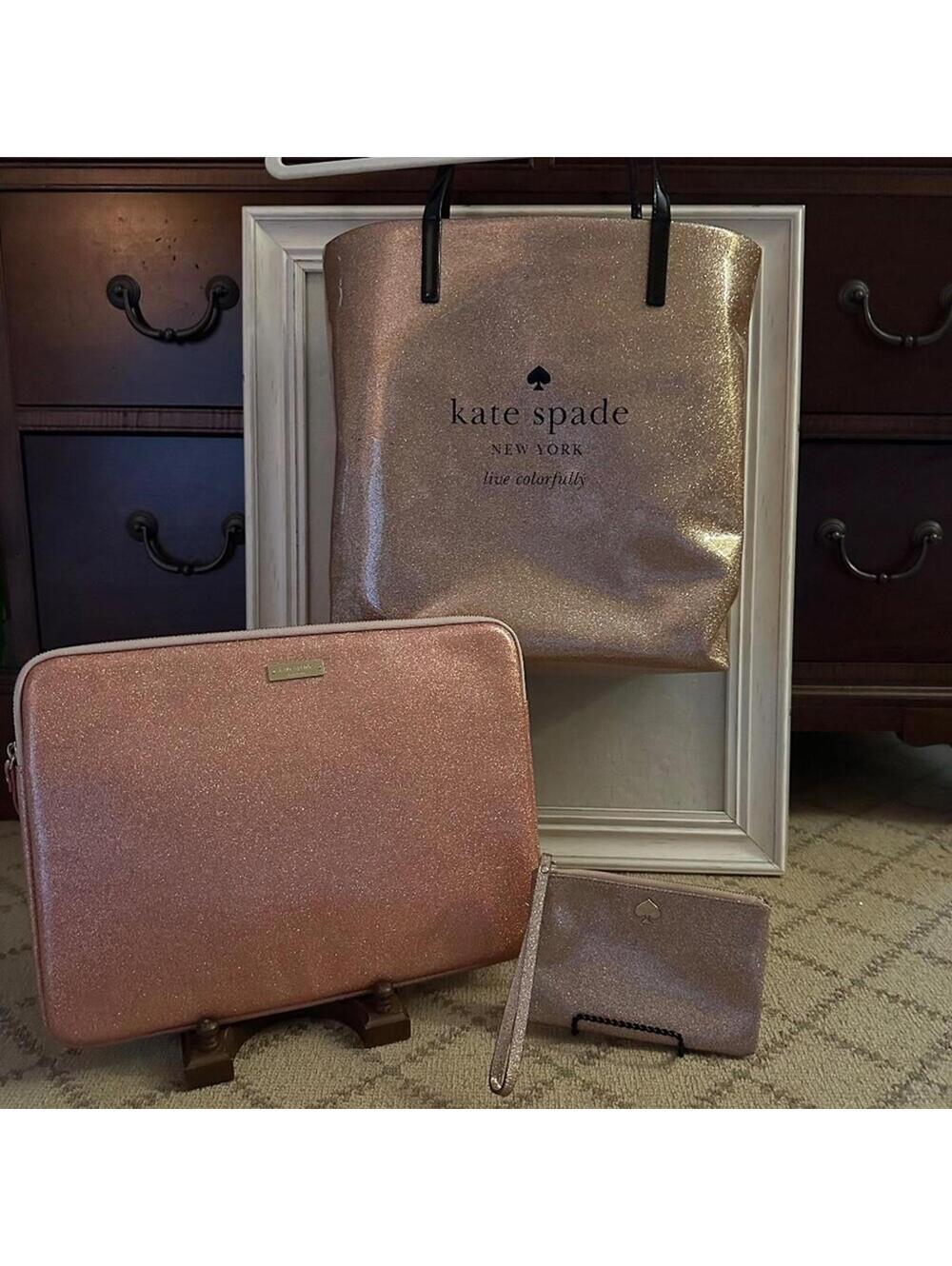 Vintage Kate Spade Rose Gold & Gold sparkle Tote, Computer Case, and Wristlet